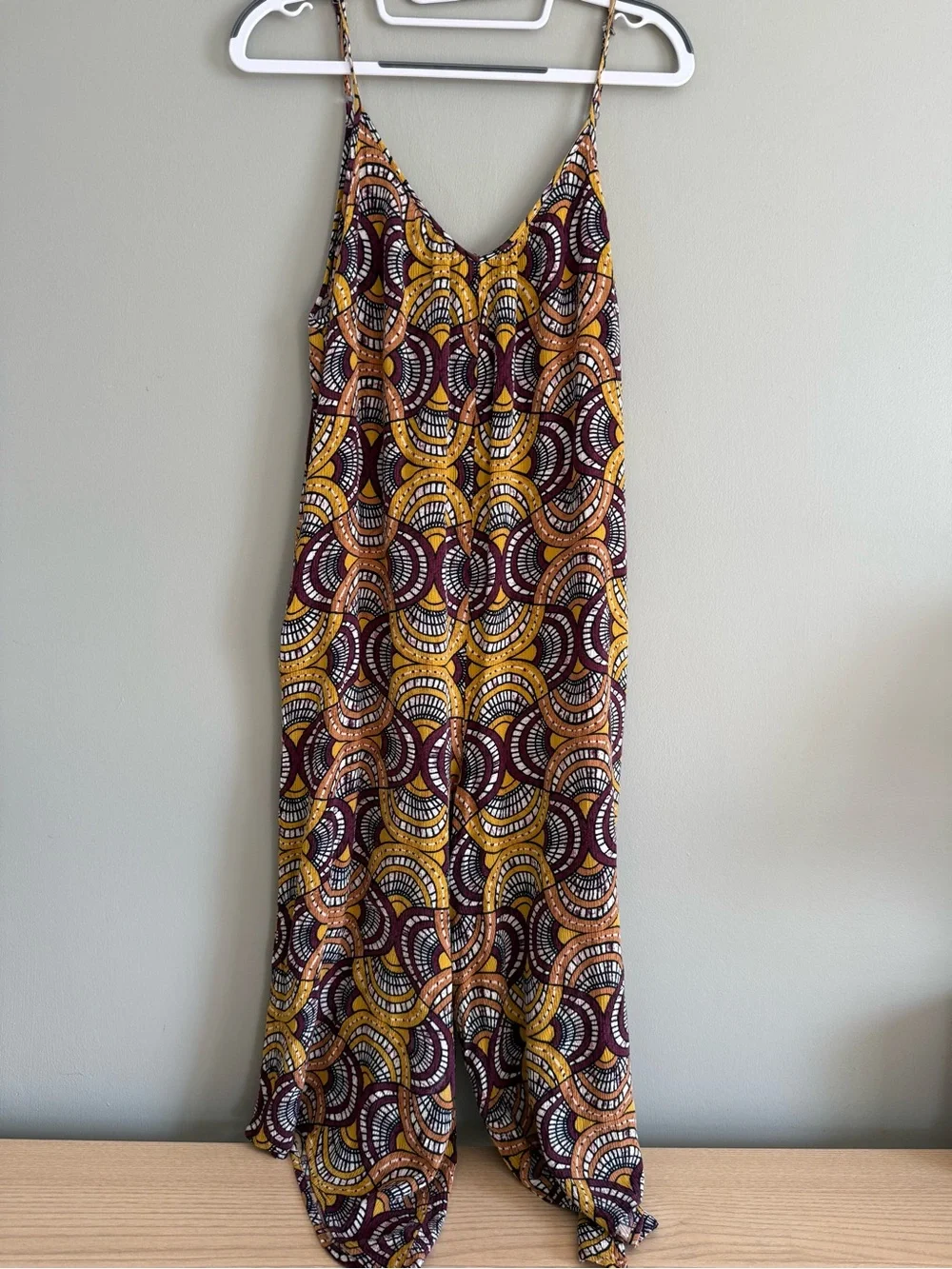 Boho Geometric Cropped Jumpsuit Romper Adjustable Straps Stretch Wide Leg Medium
